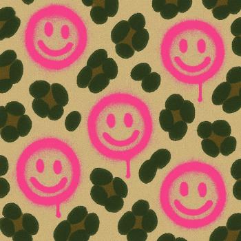 French Terry Smileys Neon Pink mit Leopard auf Beige